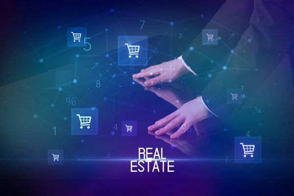 Online Shopping Med Real Estate Inskription Koncept Med Kundvagn Ikoner — Stockfoto