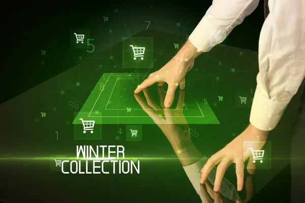 Online Shopping Mit Winter Collection Beschriftungskonzept Mit Warenkorb Symbolen — Stockfoto