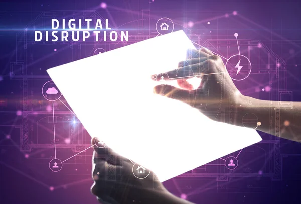 Segurando Tablet Futurista Com Inscrição Digital Disruption Conceito Segurança Cibernética — Fotografia de Stock