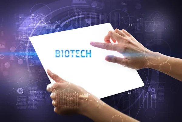 Hand Holdig Futuristic Tablet Biotech Inscription New Technology Concept — Stock Photo, Image