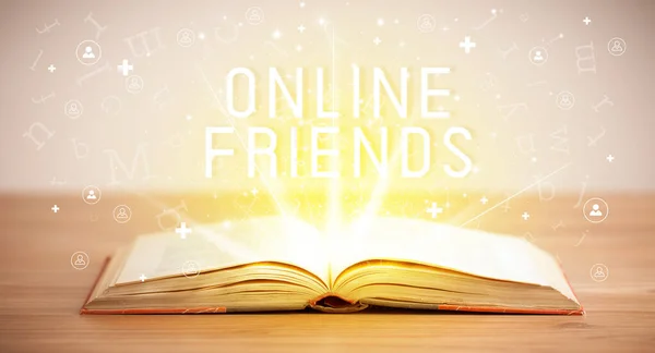 Livro Aberto Com Inscrição Amigos Online Conceito Mídia Social — Fotografia de Stock