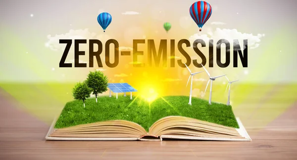 Öppen Bok Med Zero Emission Inskription Förnybar Energi Koncept — Stockfoto