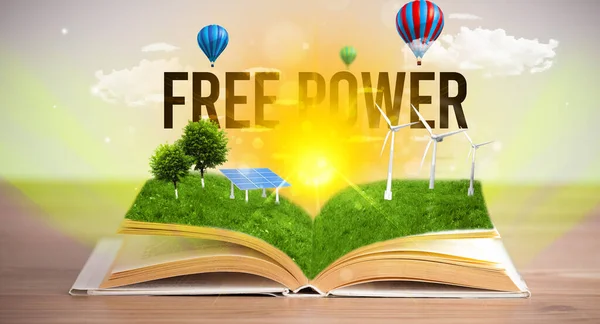Open Boek Met Gratis Power Inscriptie Concept Hernieuwbare Energie — Stockfoto
