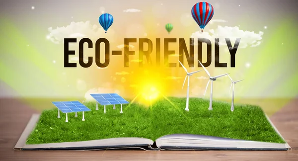 Libro Aperto Con Iscrizione Eco Friendly Concetto Energie Rinnovabili — Foto Stock
