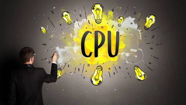 businessman drawing colorful light bulb with CPU abbreviation, new technology idea concept
