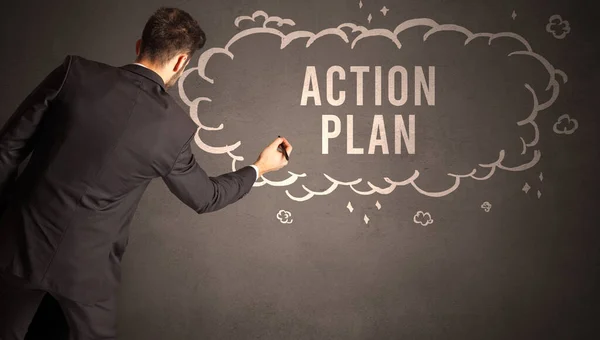Biznesmen Rysujący Chmurę Napisem Plan Action Wewnątrz Nowoczesna Koncepcja Biznesowa — Zdjęcie stockowe
