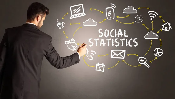 Businessman Drawing Social Media Icons Social Statistics Inscription New Media — Stok fotoğraf