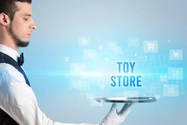 Γκαρσόν Σερβιρίσματος Toy Store Επιγραφή Online Ψώνια Έννοια — Φωτογραφία Αρχείου