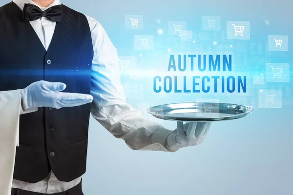 Waiter Serving Autumn Collection Inscription Online Shopping Concept — Stock Photo, Image