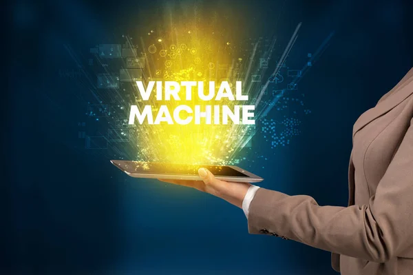 Close Van Een Touchscreen Met Virtual Machine Inscriptie Innovatief Technologieconcept — Stockfoto