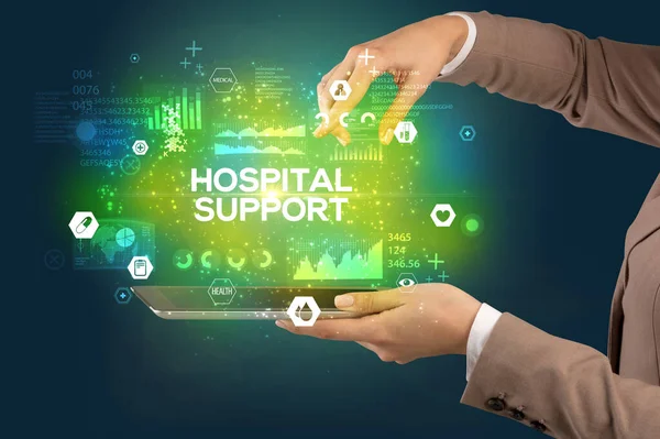 Close Van Een Touchscreen Met Hospital Support Inscriptie Medisch Concept — Stockfoto