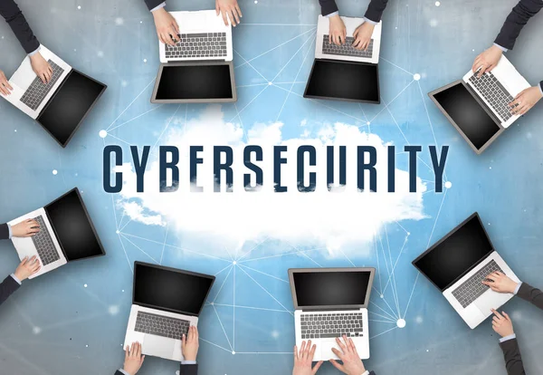 Group People Having Meeting Cybersecurity Insciption Web Security Concept — Stock Photo, Image