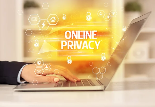Inscrição Privacidade Online Laptop Segurança Internet Conceito Proteção Dados Blockchain — Fotografia de Stock