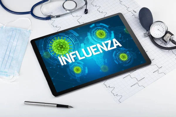 Close View Tablet Influenza Inscription Microbiology Concept — Stock Photo, Image