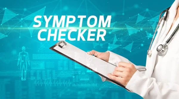 Doctor Escribe Notas Portapapeles Con Inscripción Symptom Checker Concepto Diagnóstico —  Fotos de Stock