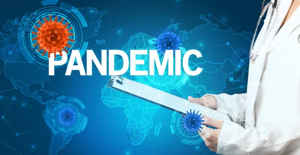 Doctor Fills Out Medical Record Pandemic Inscription Virology Concept — Stock Photo, Image
