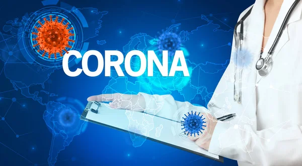 Врач Заполняет Медицинскую Карту Надписью Corona Концепцией Вирусологии — стоковое фото