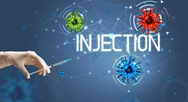 Шприц Медична Єкція Руці Написом Injection Концепція Вакцини Проти Коронавірусу — стокове фото