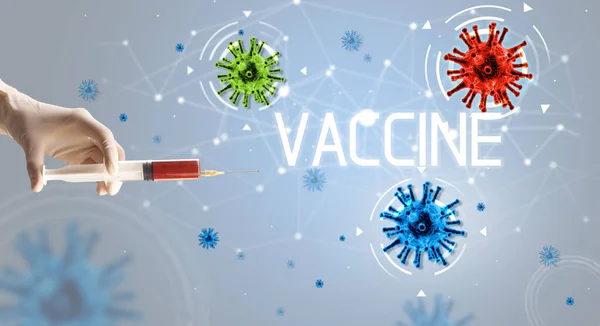 Strzykawka Zastrzyk Medyczny Wraz Napisem Vaccine Koncepcja Szczepionki Koronawirusowej — Zdjęcie stockowe