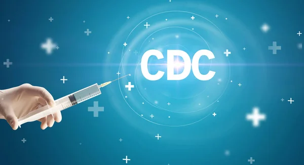 Aguja Jeringa Con Vacuna Contra Virus Abreviatura Cdc Concepto Antídoto — Foto de Stock