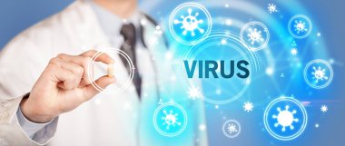 Doktor VIRUS yazıtlı ilaç veriyor, koronavirüs konsepti