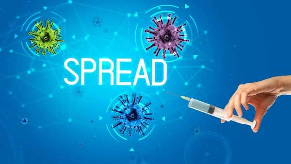 注射器 与Spread铭文 Coronavirus疫苗概念相结合的医用注射器 — 图库照片