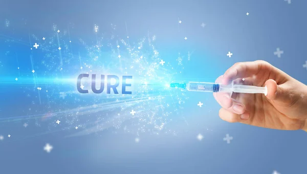 Spritze Medizinische Injektion Der Hand Mit Cure Aufschrift Medizinisches Gegenmittel — Stockfoto