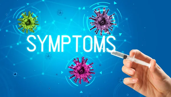 Spuit Medische Injectie Hand Met Symptoms Inscriptie Coronavirus Vaccin Concept — Stockfoto