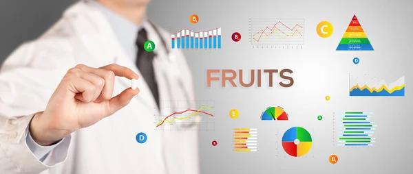 Nutricionista Que Una Píldora Con Inscripción Frutas Concepto Estilo Vida — Foto de Stock