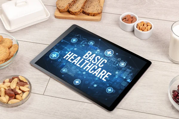 Basic Healthcare Concept Tablet Healthy Food Top View — Stock Photo, Image