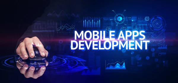Mobile Apps Development Yazıtları Modern Teknoloji Konseptiyle Ele Tutuşmak — Stok fotoğraf