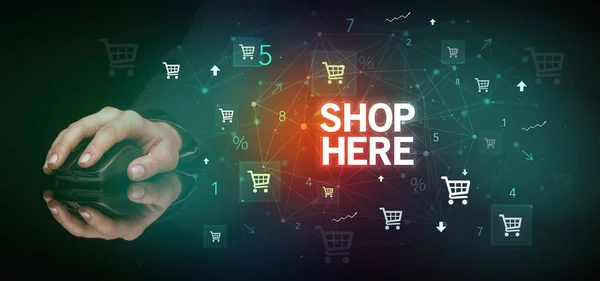 Shop Here Yazıtları Online Alışveriş Konseptiyle Ele Tutuşmak — Stok fotoğraf