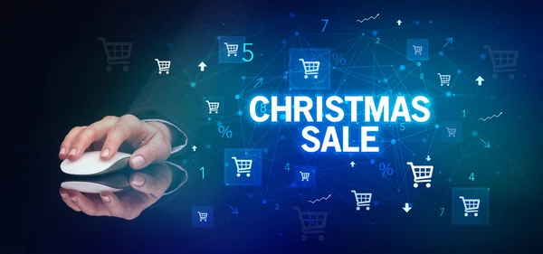 Handhalterung Drahtlose Peripherie Mit Weihnachtsverkauf Beschriftung Online Shopping Konzept — Stockfoto