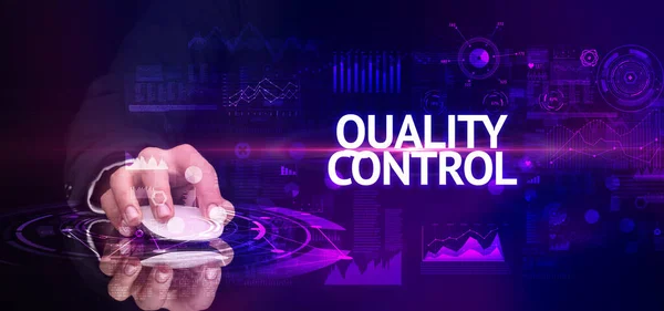 Hand Holding Wireless Peripheral Quality Control Inscription Modern Technology Concept — Stock Photo, Image
