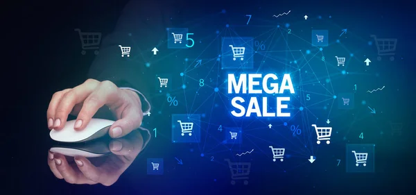 Hand Houden Draadloos Perifeer Met Mega Sale Inscriptie Online Shopping — Stockfoto