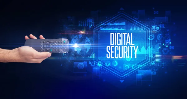 Hand Hält Drahtlose Peripherie Mit Digital Security Aufschrift Cyber Sicherheitskonzept — Stockfoto