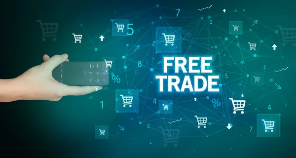 Ręczne Trzymanie Bezprzewodowego Obwodu Napisem Free Trade Koncepcja Zakupów Online — Zdjęcie stockowe