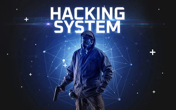 Misterioso Hacker Con Inscripción Hacking System Inscripción Concepto Ataque Línea —  Fotos de Stock