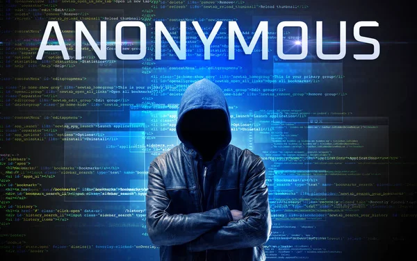 Faceless Hacker Anonymous Inscription Binary Code Background — Stock Photo, Image