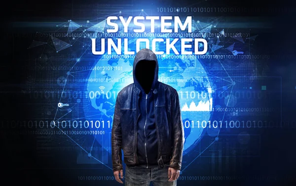 Безликий Хакер Работе Системой Разблокированных Надписей Концепция Компьютерной Безопасности — стоковое фото