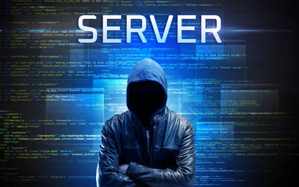Gezichtloze Hacker Met Server Inscriptie Een Binaire Code Achtergrond — Stockfoto