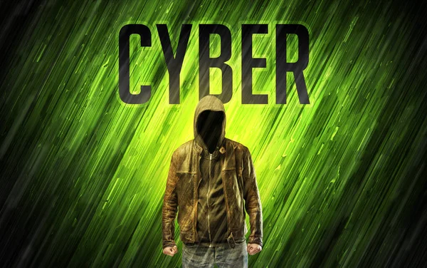 Geheimnisvoller Mann Mit Cyber Aufschrift Online Sicherheitskonzept — Stockfoto