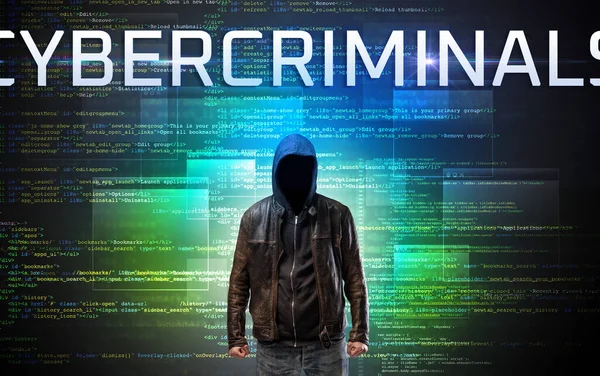 Bezobličejový Hacker Nápisem Cybercriminals Pozadí Binárního Kódu — Stock fotografie