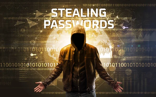 Faceless hacker at work with STEALING PASSWORDS inscription, Computer security concept