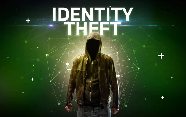 Hacker Misterioso Com Inscrição Identity Theft Inscrição Conceito Ataque Online — Fotografia de Stock