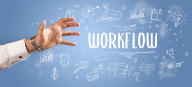 WorKFLOW yazıtına işaret eden kırpılmış elin yakın çekimi, modern iş çözümü kavramı
