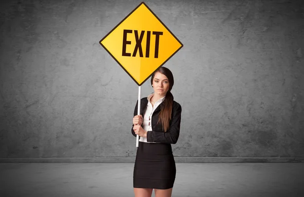 Young Business Person Holding Road Sign Exit Inscription New Rules — Stock Photo, Image