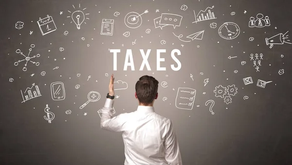 Vista Posteriore Uomo Affari Con Iscrizione Taxes Concetto Business Moderno — Foto Stock