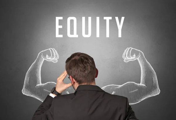 Visão Traseira Homem Negócios Com Inscrição Equity Conceito Negócio Poderoso — Fotografia de Stock