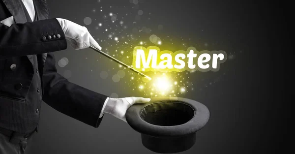 Mágico Está Mostrando Truque Magia Com Inscrição Mestre Conceito Educacional — Fotografia de Stock